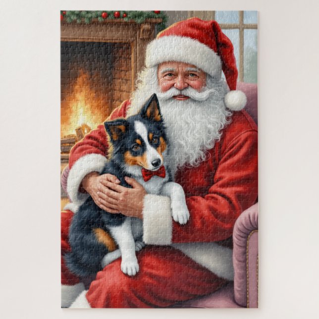 Puzzle Santa Claus Holding Border Collie Christmas Art (Vertical)