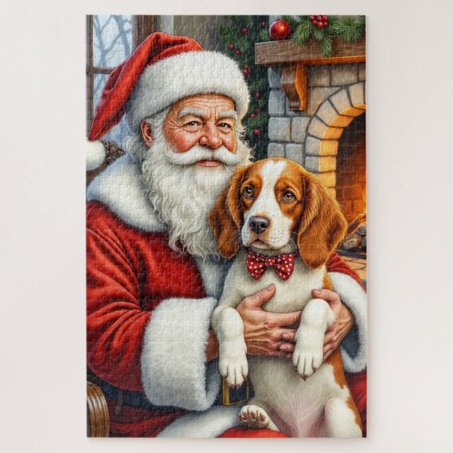 Puzzle Santa Claus Holding Brittany Spaniel Christmas Art (Vertical)