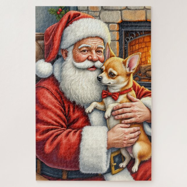Puzzle Santa Claus Holding Chihuahua Christmas Art (Vertical)