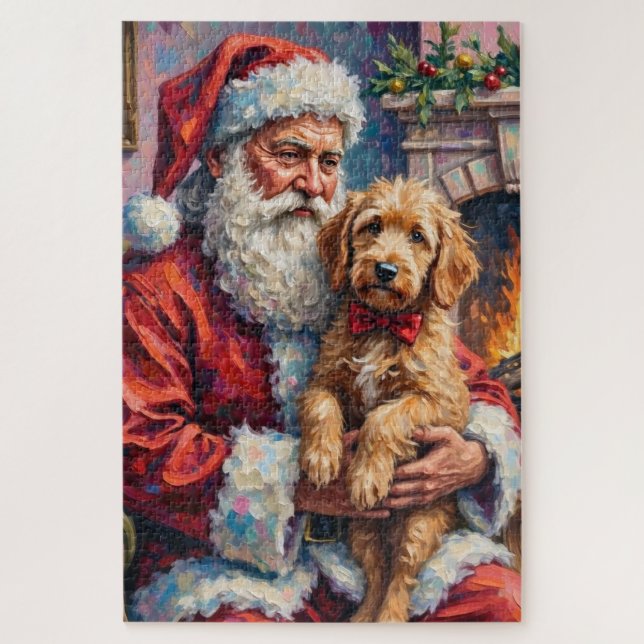 Puzzle Santa Claus Holding Goldendoodle Christmas Art (Vertical)
