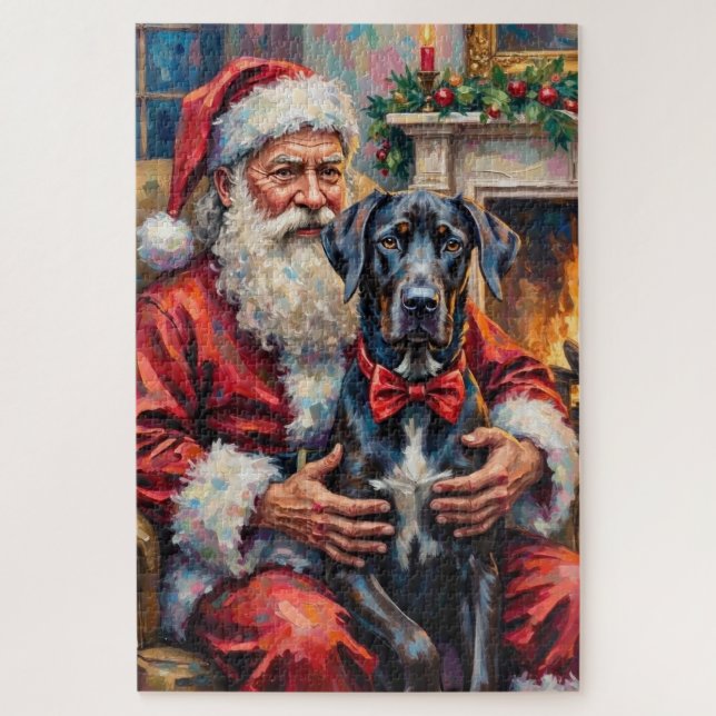 Puzzle Santa Claus Holding Great Dane Christmas Art (Vertical)