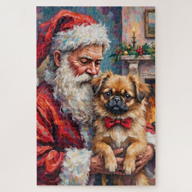 Puzzle Santa Claus Holding Pekingese Christmas Art (Vertical)
