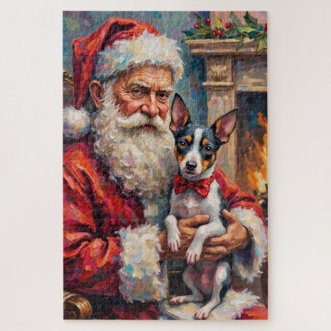 Puzzle Santa Claus Holding Rat Terrier Christmas Art (Vertical)