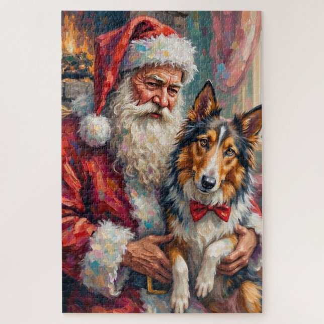 Puzzle Santa Claus Holding Rough Collie Christmas Art (Vertical)