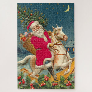 Puzzle Santa Claus on a wooden horse