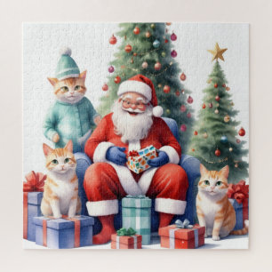 Puzzle Santa et la famille de chats ouvrent des cadeaux j