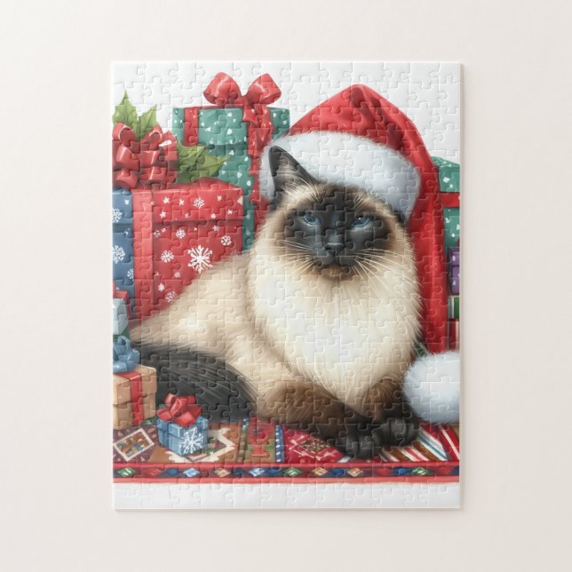 Puzzle Santa Siamese Cat Christmas  (Vertical)