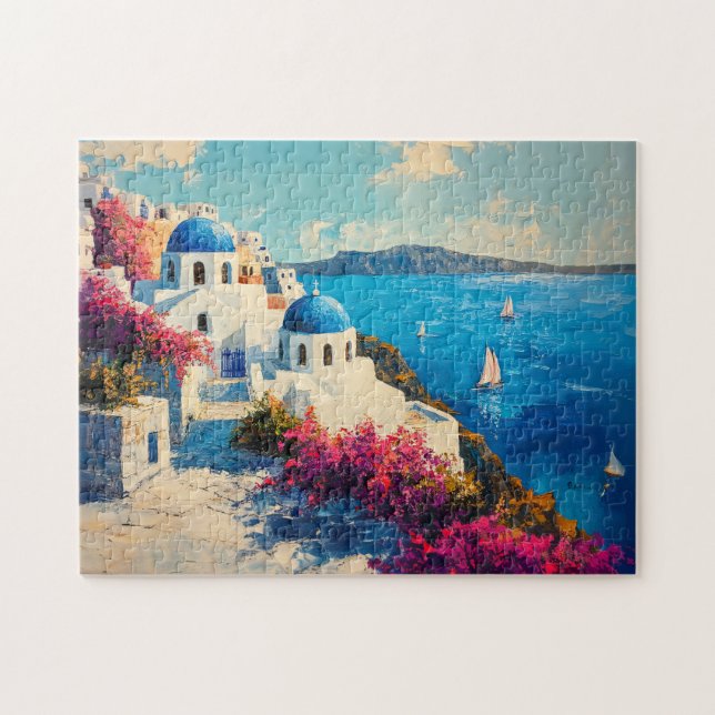 Puzzle Santorin Fleurs vibrantes Peinture numérique à l'h (Horizontal)