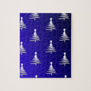 Puzzle Sapins de Noël Argent sur Bleu Cobalt
