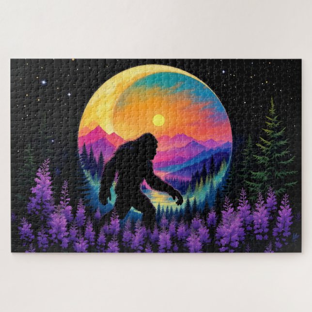 Puzzle Sasquatch Rainbow Mountain Moon Horloge murale (Horizontal)