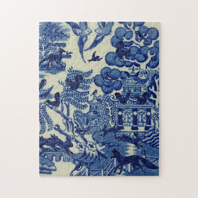 Puzzle Saule bleu avec des animaux de bois Renard Lapin O (Vertical)