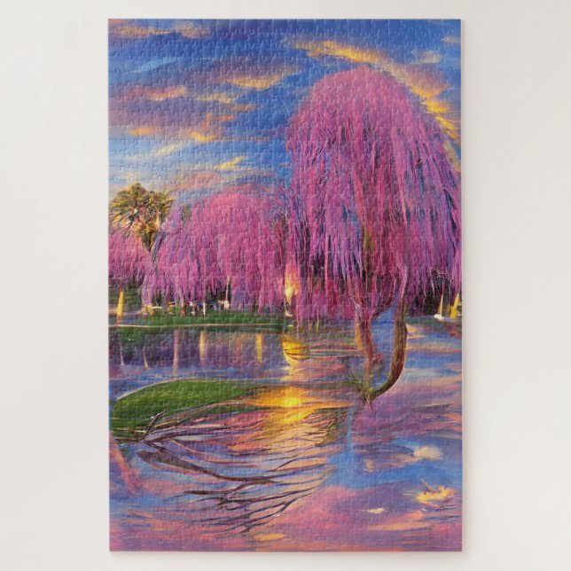 Puzzle Saule rose au coucher du soleil près de l'étang (Vertical)