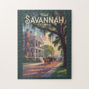 Puzzle Savannah Georgia Horse Carriage Illustration Retro