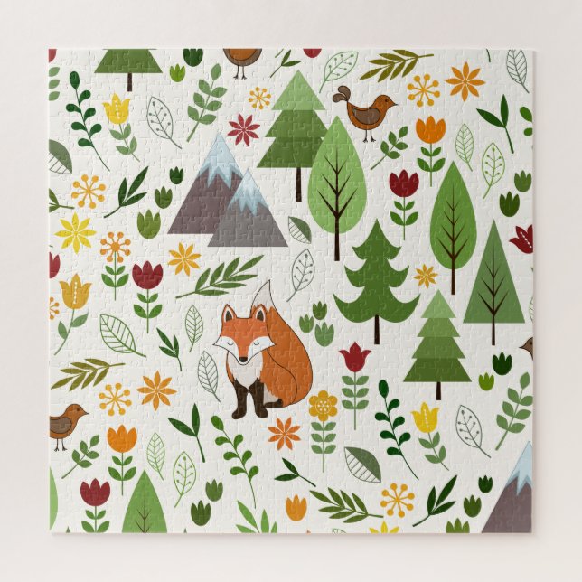 Puzzle Scandinavian Style Fox Flowers Trees Illustration (Vertical)