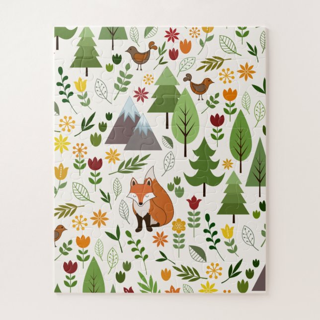 Puzzle Scandinavian Style Fox Flowers Trees Illustration (Vertical)