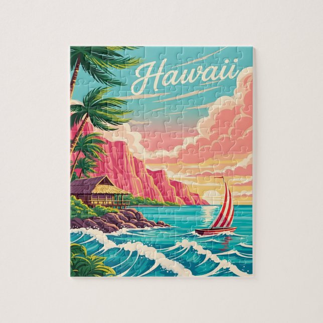 Puzzle Scène côtière hawaïenne animée avec des palmiers (Vertical)