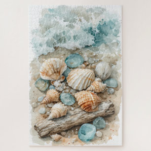 Puzzle Scène de coquillages côtiers à l'aquarelle et bois