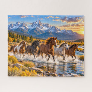 Puzzle Scène de coucher de soleil de cheval de montagne