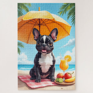 Puzzle Scène de détente de Bulldog Français sur la plage