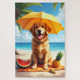 Puzzle Scène de détente de Golden Retriever sur la plage
