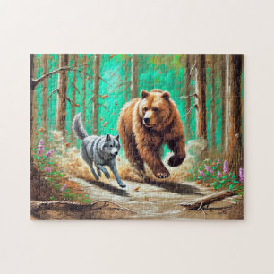 Puzzle Scène de forêt à la craie pastel de loup et d'ours