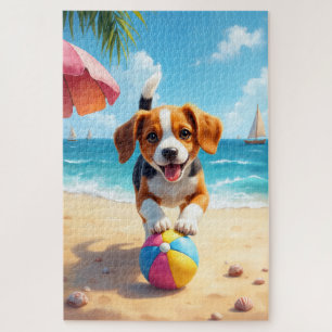 Puzzle Scène de jeu de Beagle sur la plage