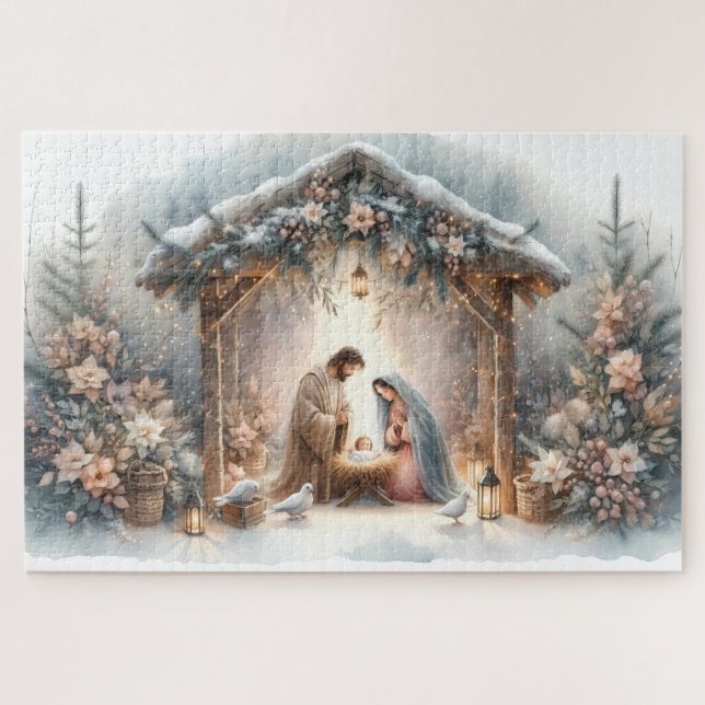 Puzzle Scène de la Nativité rustique avec fleurs d'hiver (Horizontal)