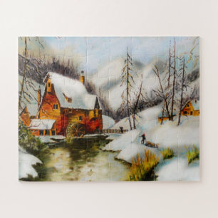 Puzzle Scène de neige avec roue à eau