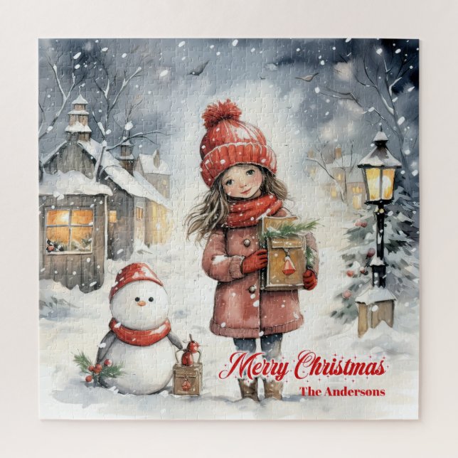 Puzzle Scène de Noël avec petite fille bonhomme de neige (Vertical)