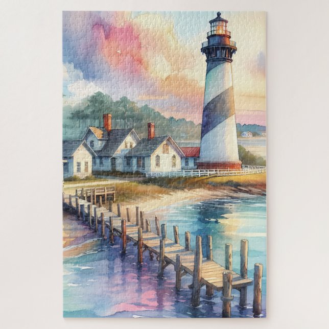 Puzzle Scène de phare côtier et cottages de plage (Vertical)