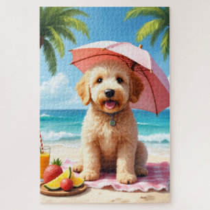 Puzzle Scène de plage avec Goldendoodle détendu