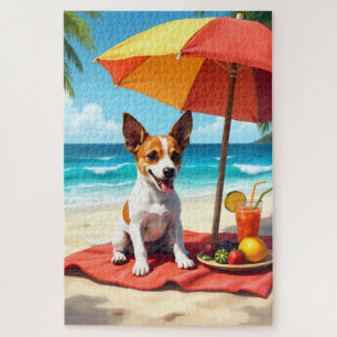 Puzzle Scène de plage avec un Jack Russell Terrier