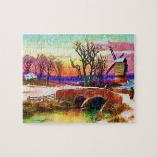 Puzzle Scène d'hiver avec moulin à vent et pont de pierre