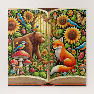 Puzzle Scène Forêt Avec Ours, Renard, Fleurs De Soleil