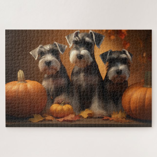 Puzzle Schnauzer Chiot Automne Citrouille de plaisir (Horizontal)