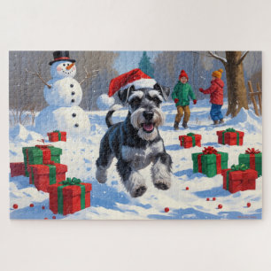 Puzzle Schnauzer courant dans la neige avec un chapeau de