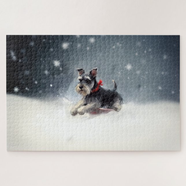 Puzzle Schnauzer miniature neige de Noël hiver (Horizontal)