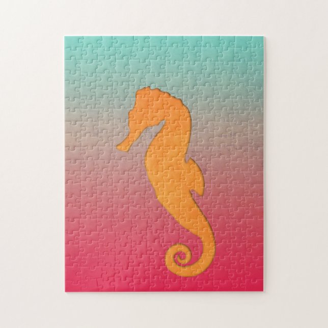 Puzzle Seahorse silhouette orange turquoise simple (Vertical)