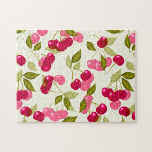 Puzzle Seamless red cartoon cherry berry cute pattern whi