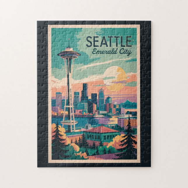 Puzzle Seattle Washington Skyline Travel Art Vintage (Vertical)