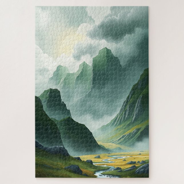Puzzle Serene Misty Mountains Emerald Valley  (Vertical)