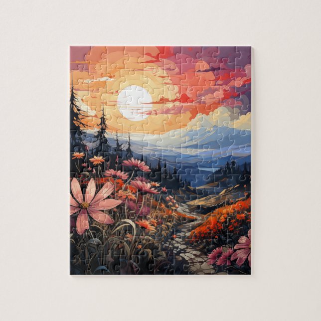 Puzzle Sérénité coucher de soleil : Fleurs sauvages et mo (Vertical)