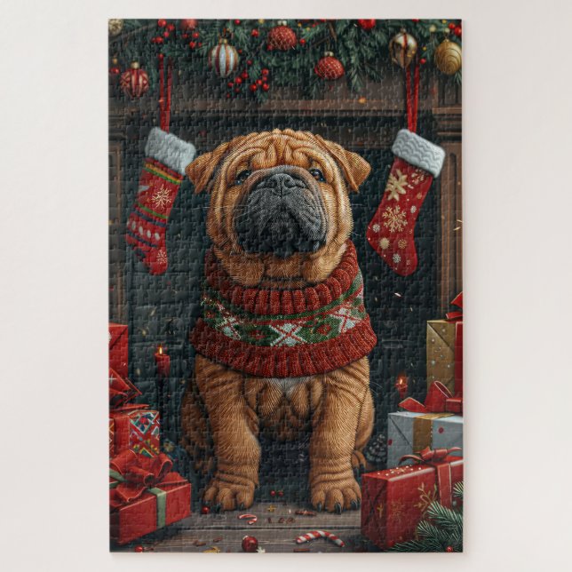 Puzzle Shar Pei Chien Avec Foyer Cadeaux De Noël (Vertical)