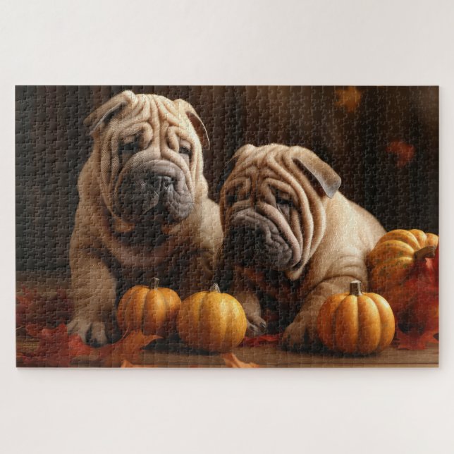 Puzzle Shar Pei Chiot Automne Citrouille de plaisir (Horizontal)