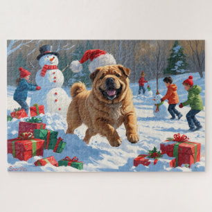 Puzzle Shar Pei courant dans la neige avec un chapeau de 