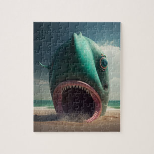 Puzzle Shark sculpture on the beach