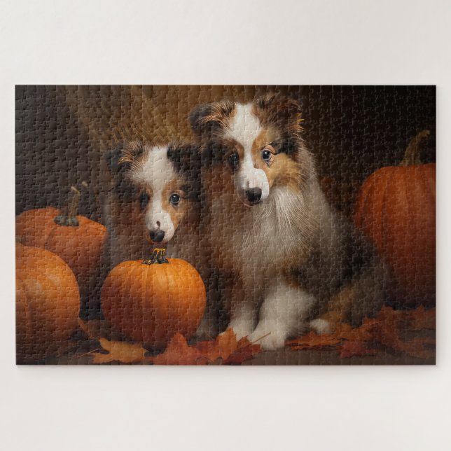 Puzzle Shetland Sheepdog Chiot Chiot Automne Citrouille d (Horizontal)