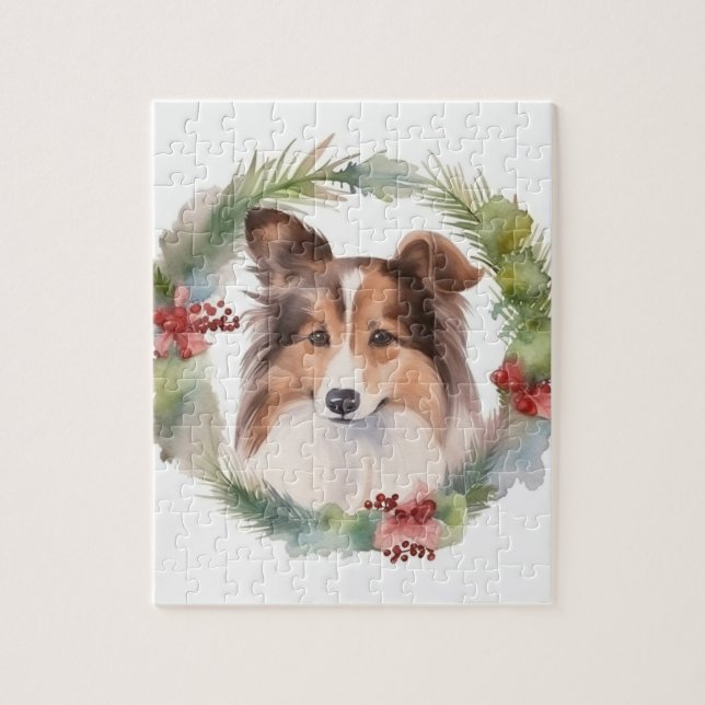 Puzzle Shetland Sheepdog Christmas Wreath Festive Pup (Vertical)