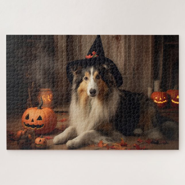 Puzzle Shetland Sheepdog Citrouille Halloween effrayant (Horizontal)