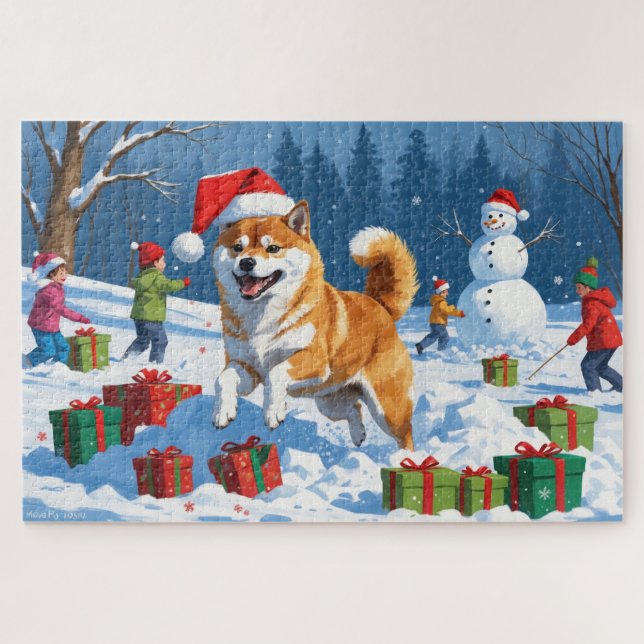 Puzzle Shiba Inu coule en neige avec le Casquette de Noël (Horizontal)